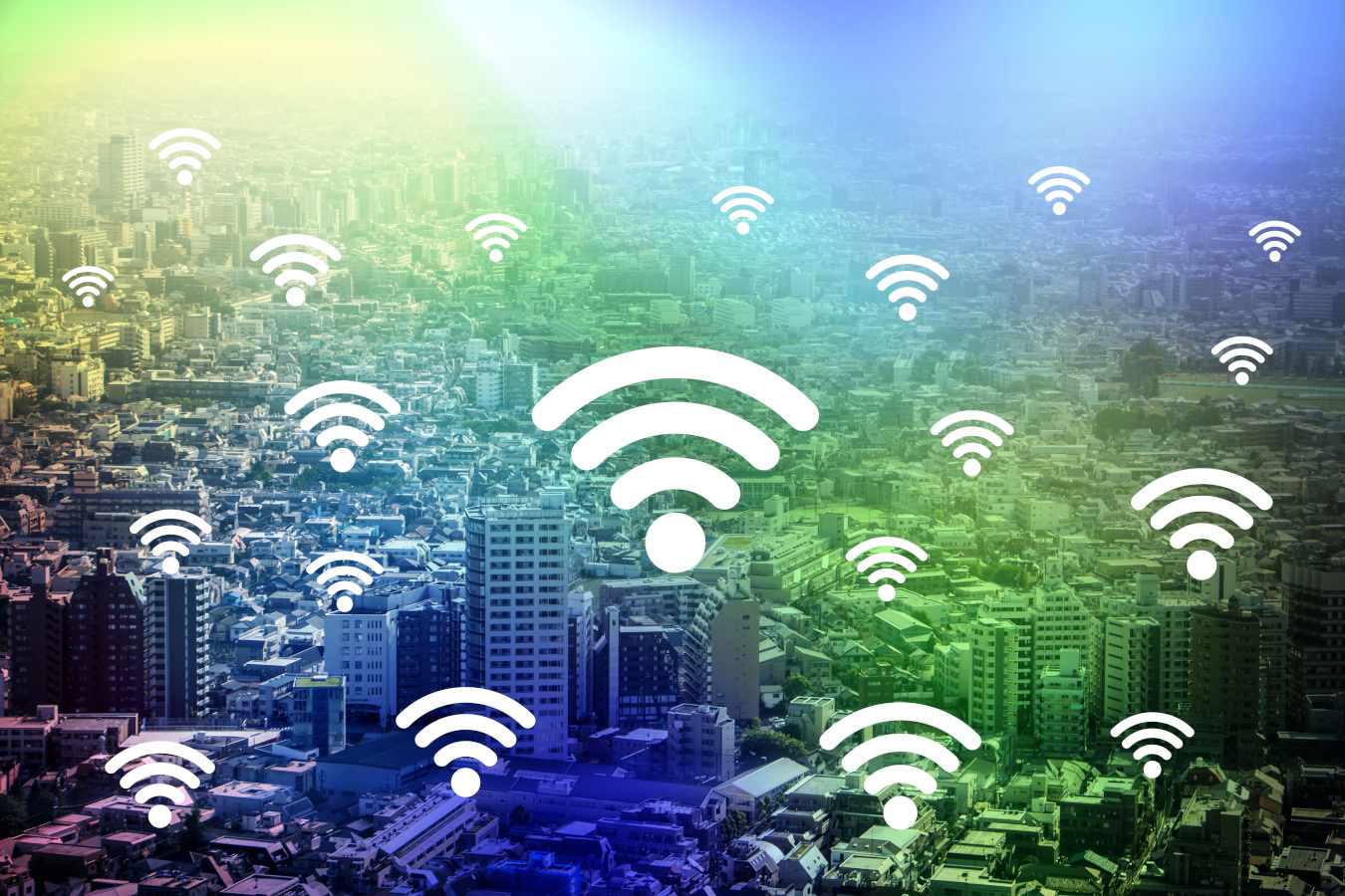 Modern City Scape with Wireless Symbols