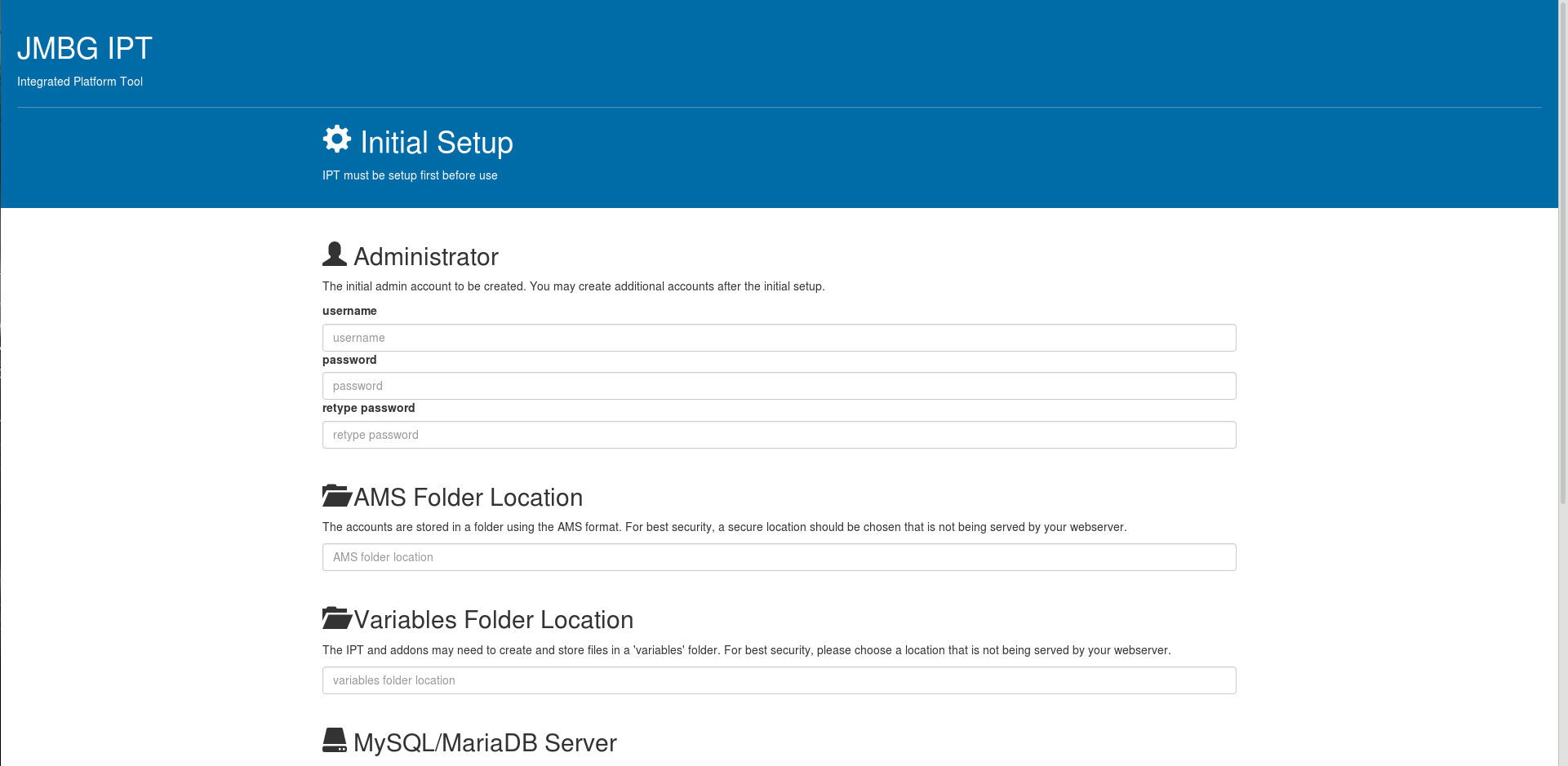 IPT Initial Setup Screen